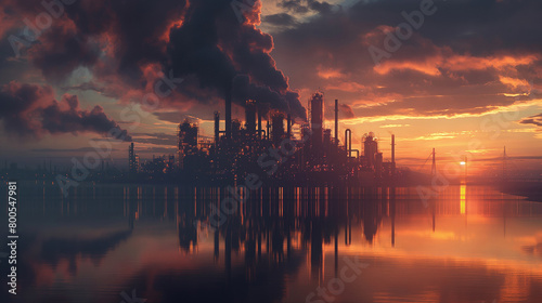 A Fiery Dawn Sky Illuminates An Industrial Complex By The Water, Highlighting A Mix Of Energy And Tranquility