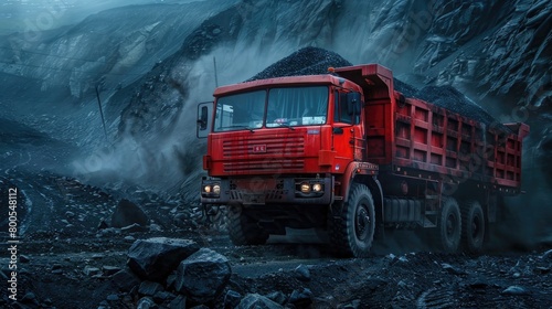a red heavy truck laden with coal, traversing a rocky road under a dark sky, with the wide-angle lens emphasizing its frontal view against the backdrop of the desolate landscape.