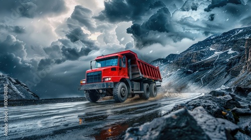 a red heavy truck laden with coal, traversing a rocky road under a dark sky, with the wide-angle lens emphasizing its frontal view against the backdrop of the desolate landscape. © lililia