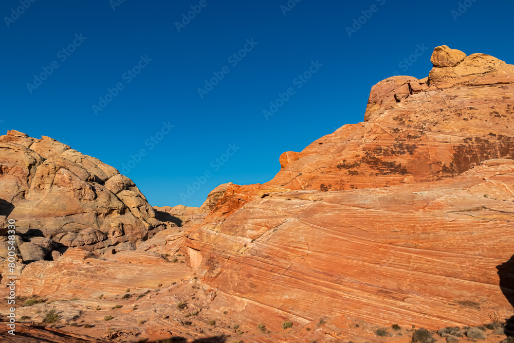 Panoramic view of striated red and orange Aztec Sandstone Rock formations and desert vegetation in Valley of Fire State Park in the Mojave desert, Overton, Nevada, USA. Dramatic arid natural landscape Panoramic view of striated red and orange Aztec Sandstone Rock formations and desert vegetation in Valley of Fire State Park in the Mojave desert, Overton, Nevada, USA. Dramatic arid natural landscape