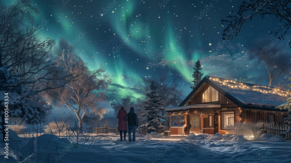 Obraz premium A family bundled up in warm clothes, gazing in wonder at the northern lights from the comfort of their backyard.