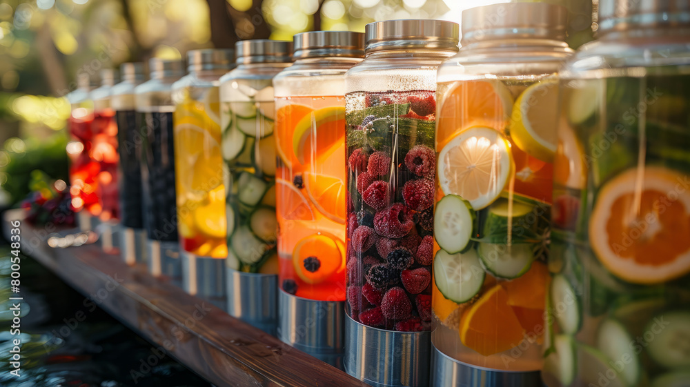 Rows of fruit and vegetable infused water jars Rows of fruit and vegetable infused water jars