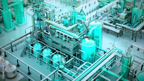 Simplified chemical plant scene in cool turquoise, designed for science and technology educational materials.