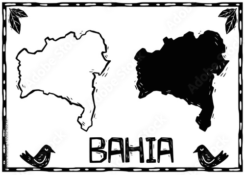 Bahia, Northeastern Brazilian state in silhouette. Woodcut style.