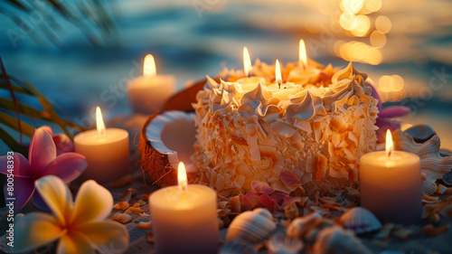 A cake with candles on a beach at sunset