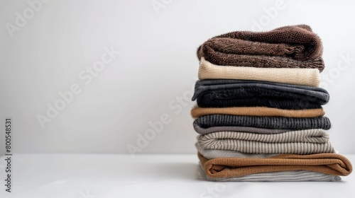 a stack of folded clothing arranged on a dark background, featuring a variety of items such as jeans, pants, t-shirts, sweatshirts, and sweaters, all in muted earth tones.