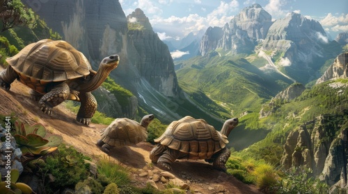A family of tortoises crossing a rugged mountain trail, symbolizing perseverance and unity. photo