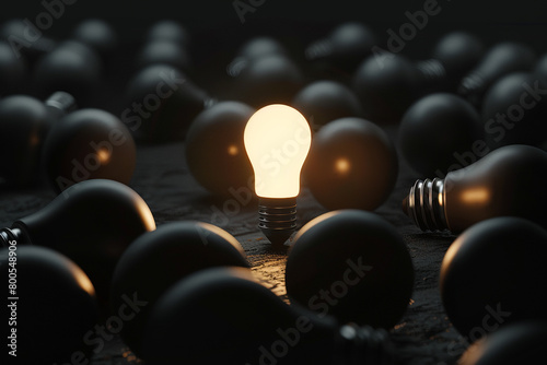 3D render of a single bright lightbulb among dim ones, illustrating the concept of leading ideas and innovation 