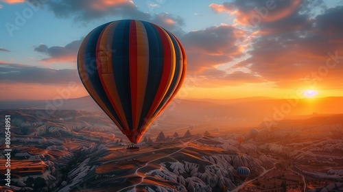 Aerial view of a colorful hot air balloon, vibrant sunrise backdrop, YouTube thumbnail with copy space for text on left