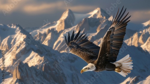 Majestic Bald Eagle in Rocky Mountains - Realistic 2D Illustration with Copy Space for Text.