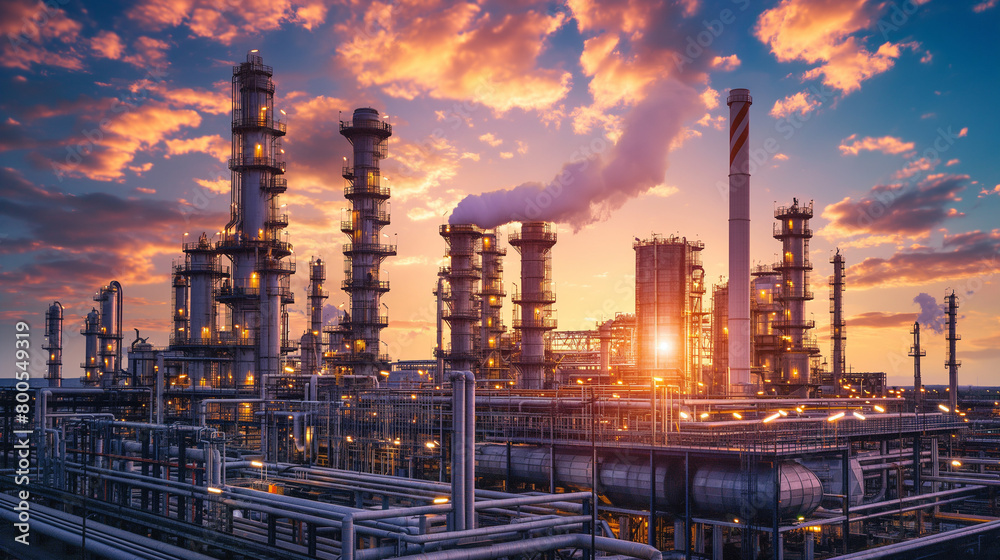 Dramatic industrial scene, sprawling refinery under a twilight sky, towers emitting steam and complex piping highlighted, symbolizing energy production