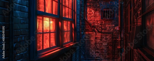 Mysterious alley with bright red glowing windows at night photo