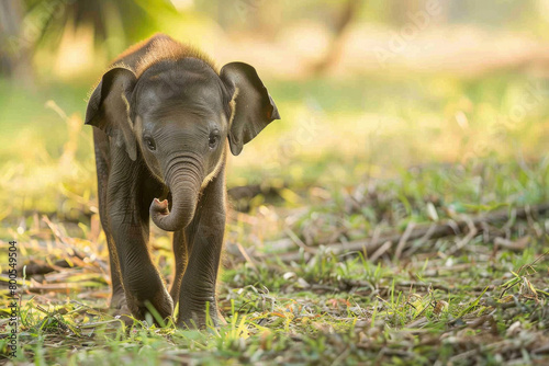 Curious baby elephant calf exploring with tiny trunk