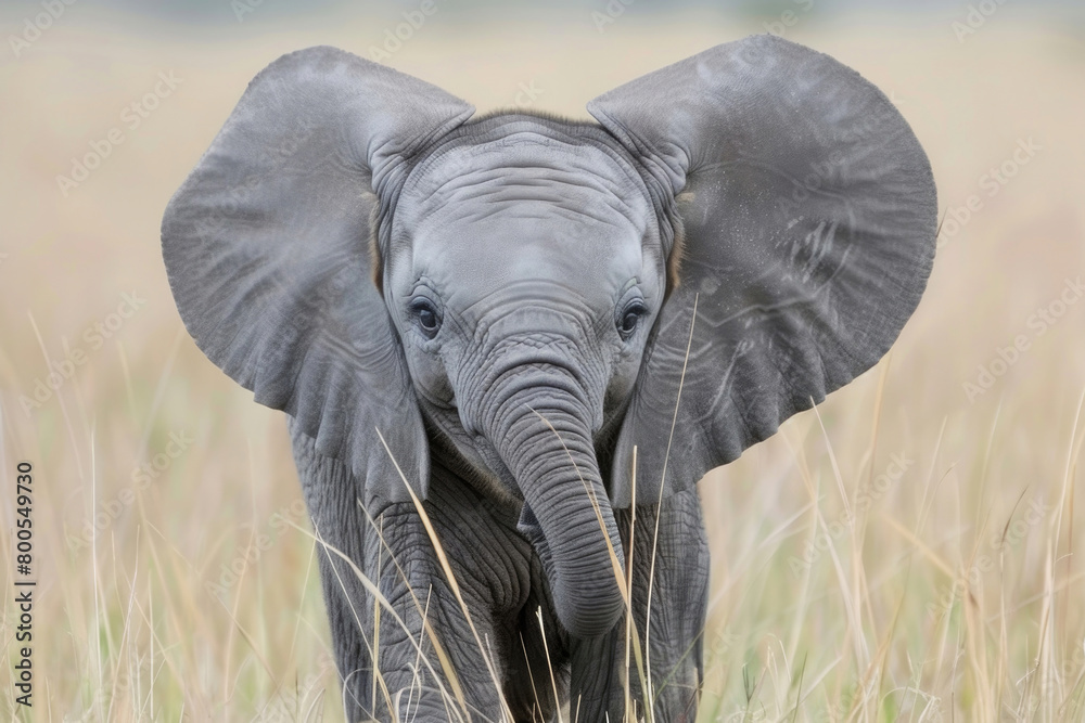 Curious baby elephant calf exploring with tiny trunk