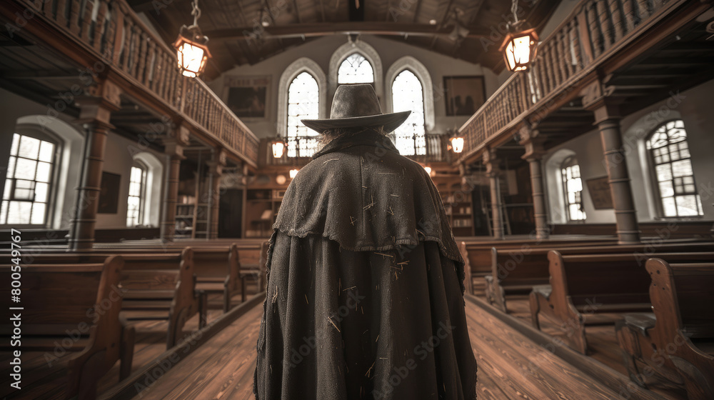Naklejka premium Mysterious Figure in Old Western Attire Standing in Historic Library or church