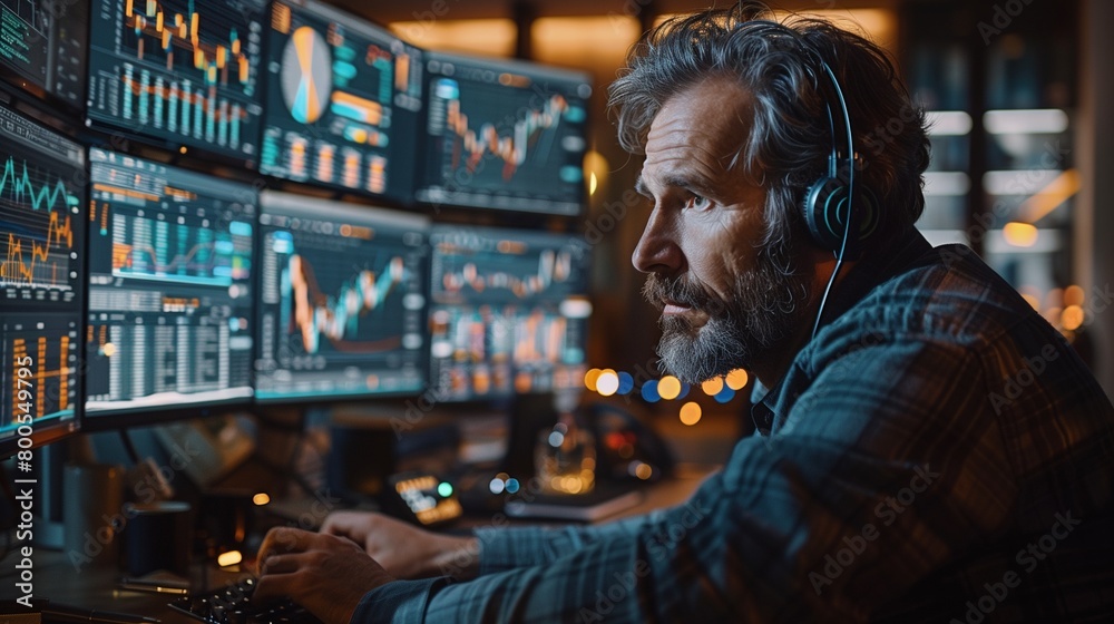 Businessman viewing financial data on multiple monitors, late evening office, intense focus, YouTube thumbnail with copy space for text on left Businessman viewing financial data on multiple monitors, late evening office, intense focus, YouTube thumbnail with copy space for text on left