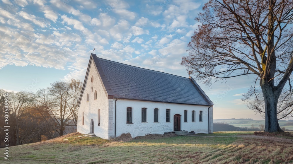 the exterior view of a Lutheran church, erected in 1800, showcasing its minimalist charm and architectural grace that has stood the test of time.