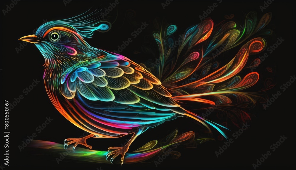 A closeup abstract design of a glowing bird with a long tail, surrounded by swirling neon colors,set against a black background