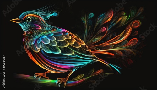 A closeup abstract design of a glowing bird with a long tail, surrounded by swirling neon colors,set against a black background © positfid