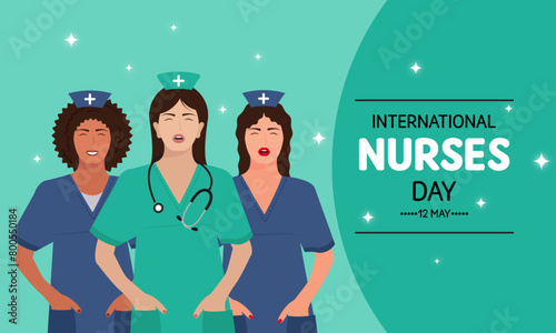 Vector illustration of international nurses' day design, flat design vector horizontal banner template design with three pretty nurses.
