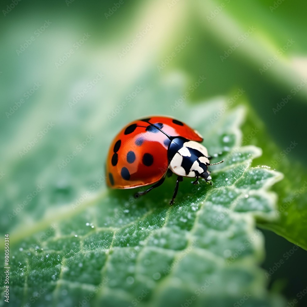 AI generated illustration of a close-up of a colorful ladybug on a vibrant leaf
