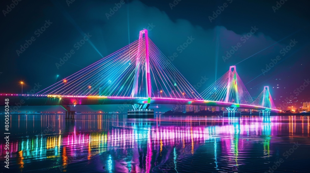 A futuristic cable-stayed bridge illuminated with colorful LED lights, spanning across a river and reflecting its brilliance on the water's surface.