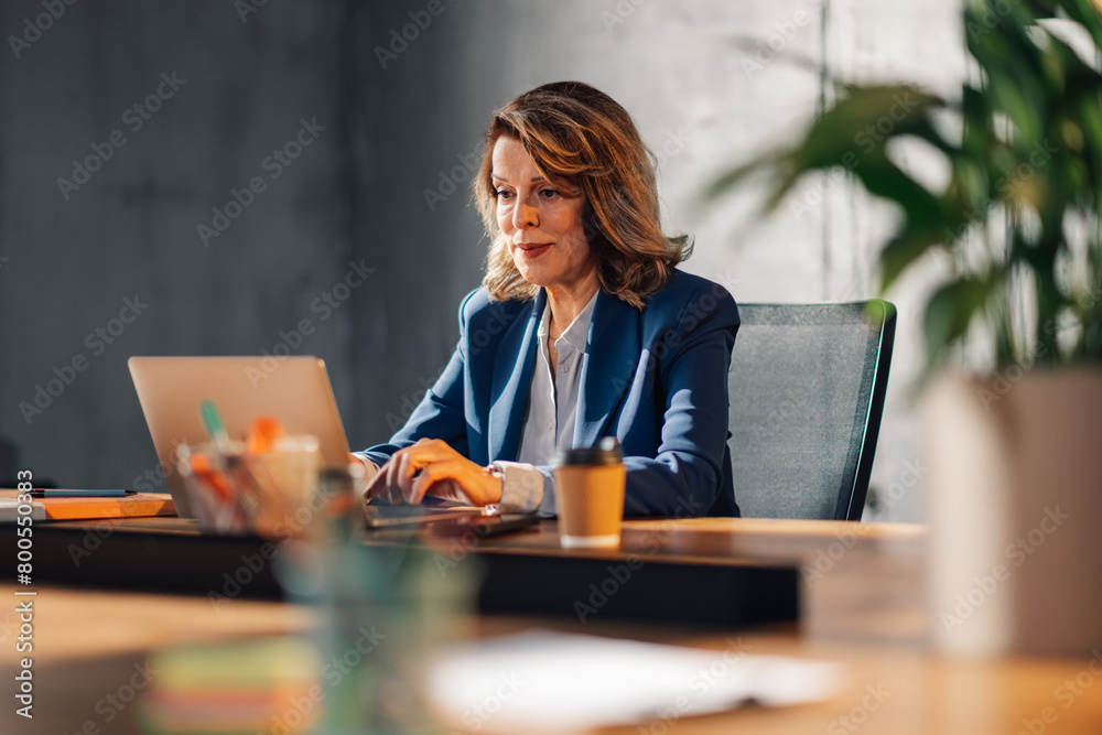 Older businesswoman at modern office typing a report on a laptop. Older businesswoman at modern office typing a report on a laptop.