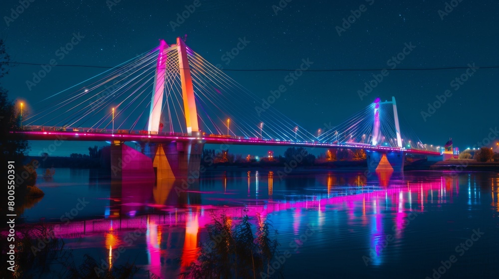 Naklejka premium A futuristic cable-stayed bridge illuminated with colorful LED lights, spanning across a river and reflecting its brilliance on the water's surface.
