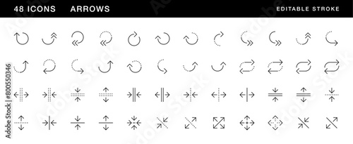 Arrow icon collection. Interface arrows, direction, navigation, right curved, circular arrow, split, merge, expand and more. Editable stroke. Pixel Perfect. Grid base 32 x 32. photo