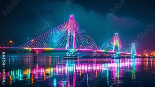 A futuristic cable-stayed bridge illuminated with colorful LED lights, spanning across a river and reflecting its brilliance on the water's surface.