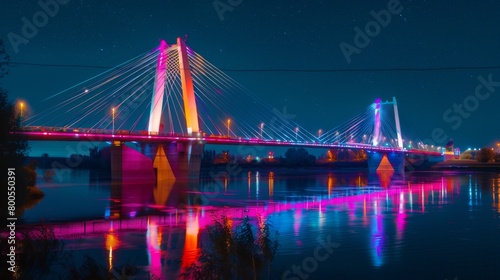 A futuristic cable-stayed bridge illuminated with colorful LED lights, spanning across a river and reflecting its brilliance on the water's surface.