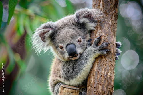Snuggly baby koala clinging to eucalyptus branch © Venka