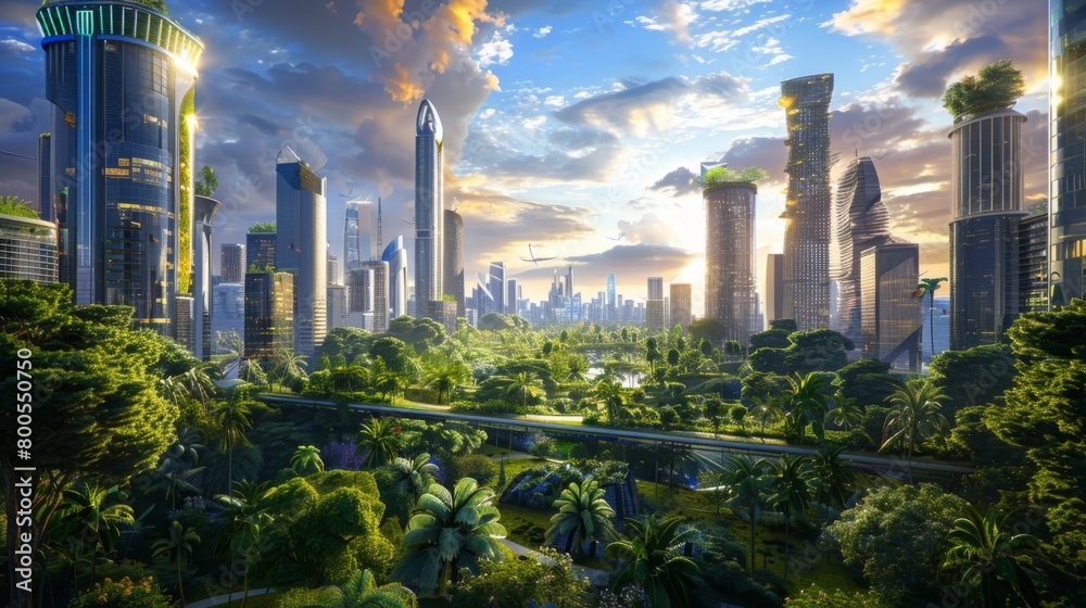 Fototapeta premium A futuristic cityscape with sleek skyscrapers rising above lush green parks and urban gardens, blending nature and modernity in harmonious coexistence.