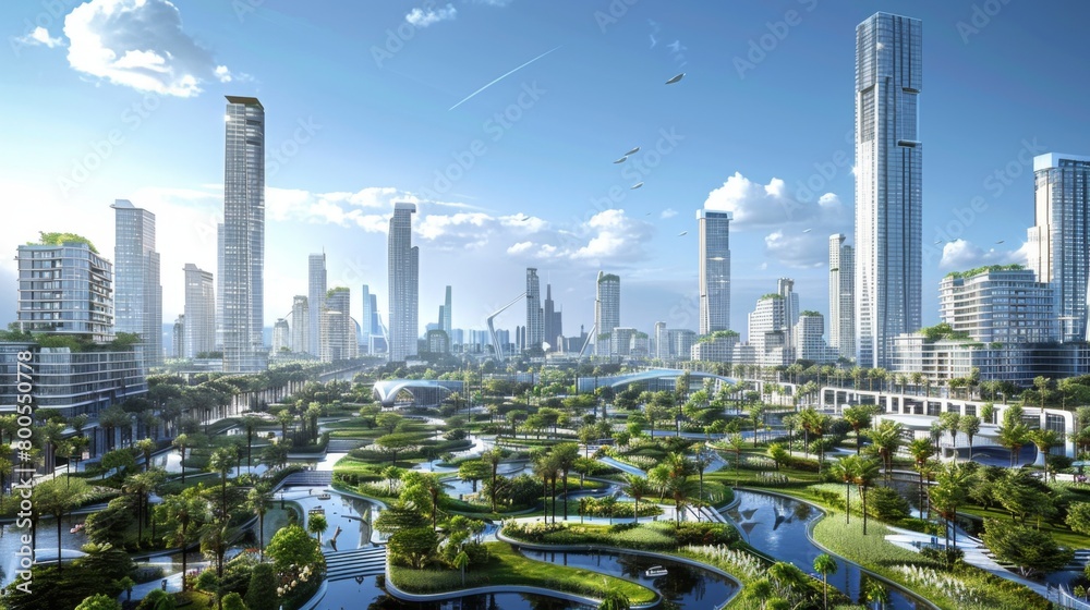 Fototapeta premium A futuristic cityscape with sleek skyscrapers rising above lush green parks and urban gardens, blending nature and modernity in harmonious coexistence.