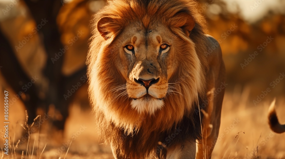 A lion pride hunting prey through the dry savanna towards the camera, beautiful male lion in the middle.