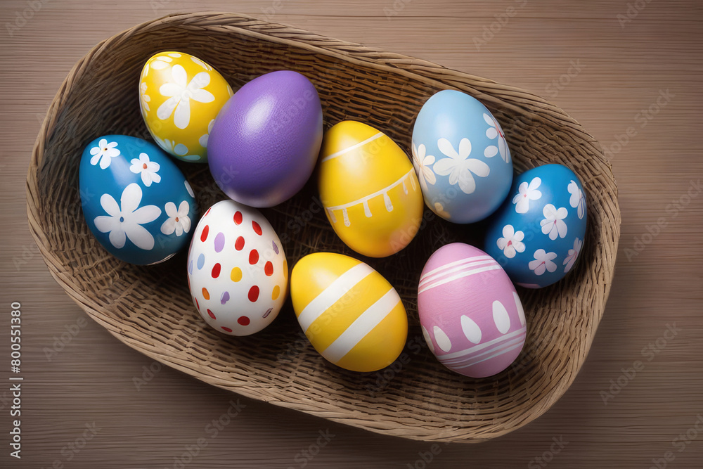 Homemade handmade painted eggs in the basket, Easter decoration on the table Homemade handmade painted eggs in the basket, Easter decoration on the table