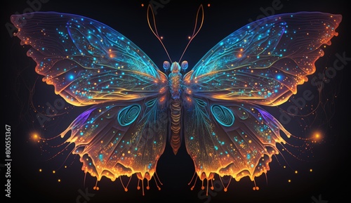 A graphics neon butterfly with intricate, glowing wings, set against a starry sky