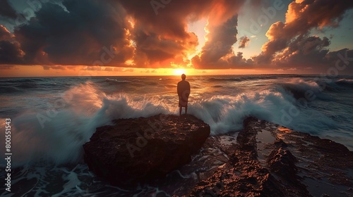 A silhouette of an individual stands atop a rocky outcrop at the edge of a turbulent sea. The ocean is energetic with frothy waves crashing against the rocks, creating powerful sprays that rise into t
