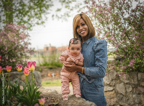 Portrait of beautiful African American woman with her adorable baby girl in park with blooming flowers in spring
