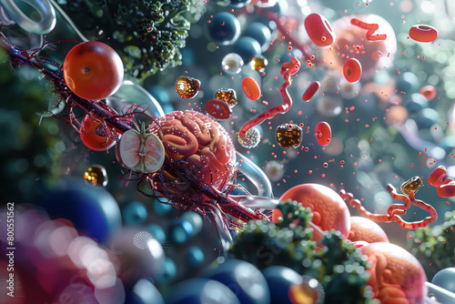 A 3D render focusing on the dietary sources of different types of lipids and their metabolic pathways within the human body 