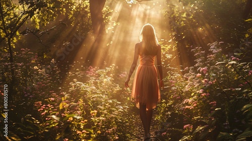 A woman is standing in a lush forest surrounded by flowering shrubs and plants. The sunlight streams through the tree canopy above, casting a warm backlight that illuminates the scene with a golden hu photo