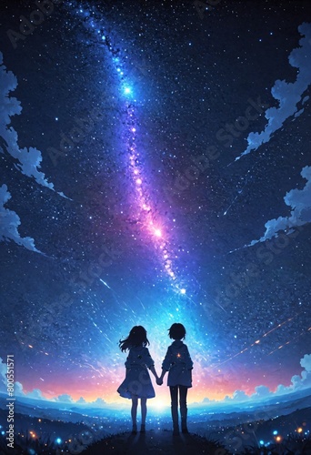 a boy and a girl are holding hands under a starry sky