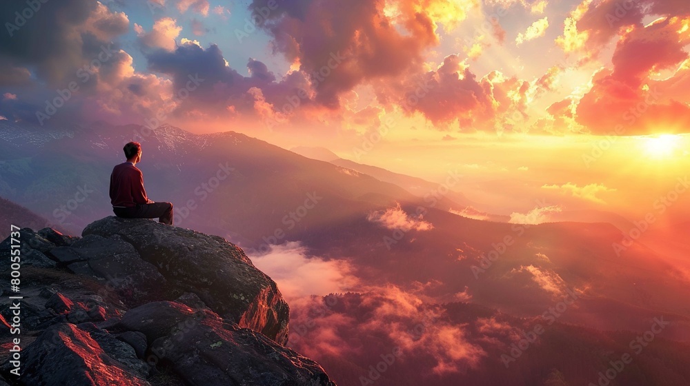 A solitary individual is sitting cross-legged on a rocky outcrop overlooking a stunning mountain landscape bathed in the warm glow of a sunrise or sunset. The mountains stretch into the distance, with