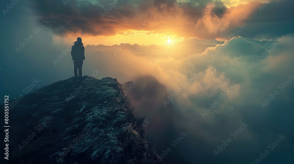A silhouette of an individual is standing on a rocky outcrop overlooking a dramatic landscape. The figure is gazing towards a mesmerizing sunset visible through a blanket of clouds. The sun casts a wa