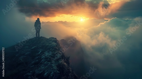 A silhouette of an individual is standing on a rocky outcrop overlooking a dramatic landscape. The figure is gazing towards a mesmerizing sunset visible through a blanket of clouds. The sun casts a wa photo