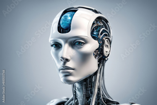 White woman robot on blurred background using digital screen interface
