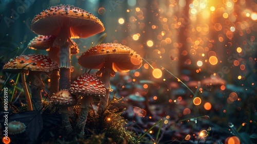 A cluster of vibrant red mushrooms with white spots, likely Amanita muscaria, stands out in a dreamy, enchanted forest setting. They are surrounded by a carpet of green moss and forest debris. The bac