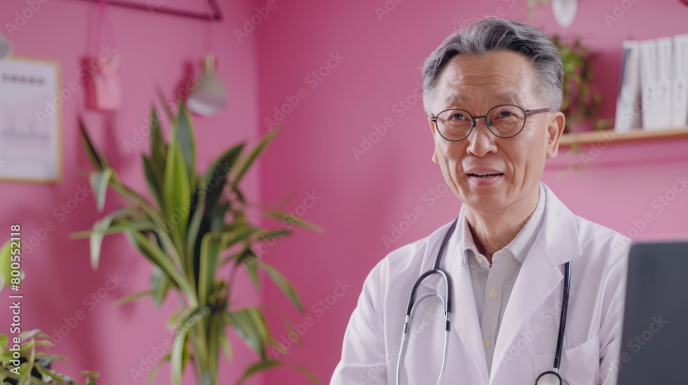A medical professional in a white coat wearing a stethoscope is standing in a well-lit office with modern d�cor and a houseplant A medical professional in a white coat wearing a stethoscope is standing in a well-lit office with modern d�cor and a houseplant