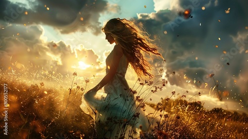 A silhouette of a woman in a field during sunset. Her hair is blowing in the wind, and she is wearing a flowing, sleeveless dress. The setting sun illuminates the scene, casting a warm golden light an