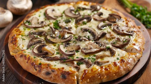 A gourmet pizza topped with thinly sliced porcini mushrooms, their earthy flavor complementing the melted cheese and fresh herbs.